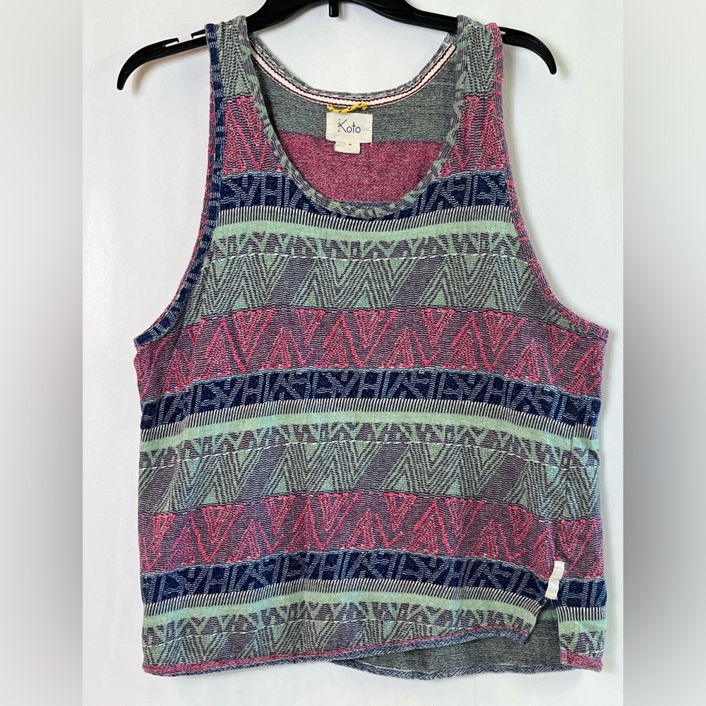 Koto Knit Sleeveless Patterned Blouse Shirt Green Pink Blue Size S-P 100% Cotton